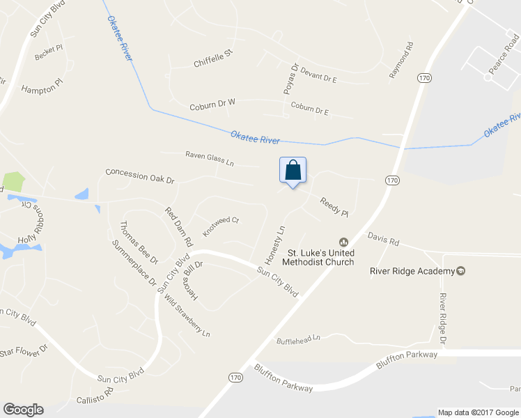 map of restaurants, bars, coffee shops, grocery stores, and more near 68 Spring Beauty Drive in Bluffton