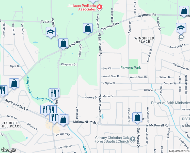 map of restaurants, bars, coffee shops, grocery stores, and more near 2263 West McDowell Road in Jackson