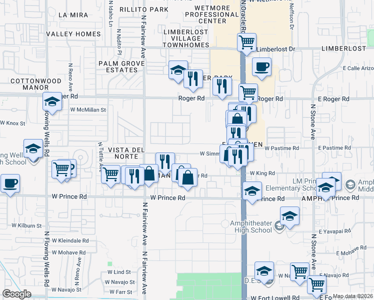 map of restaurants, bars, coffee shops, grocery stores, and more near 702 West Simmons Road in Tucson