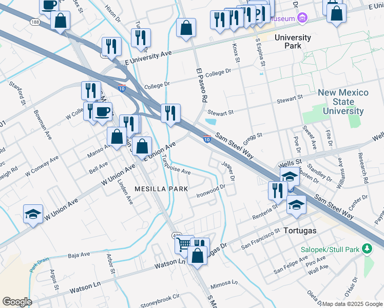 map of restaurants, bars, coffee shops, grocery stores, and more near 320 East Union Avenue in Las Cruces