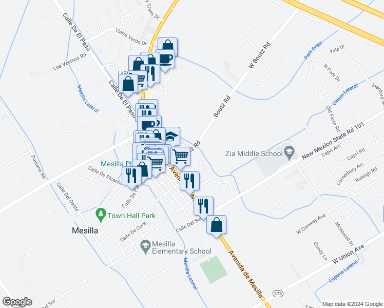 map of restaurants, bars, coffee shops, grocery stores, and more near 1815 West Boutz Road in Las Cruces