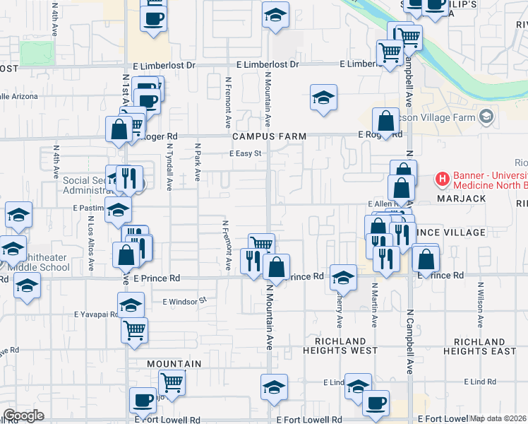 map of restaurants, bars, coffee shops, grocery stores, and more near 1302 East Allen Road in Tucson