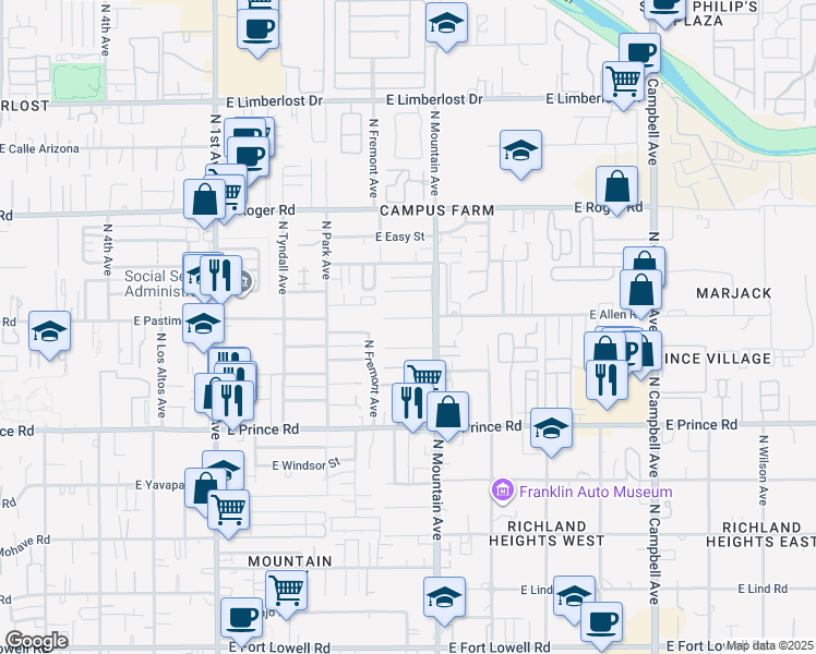 map of restaurants, bars, coffee shops, grocery stores, and more near 1250 East Allen Road in Tucson