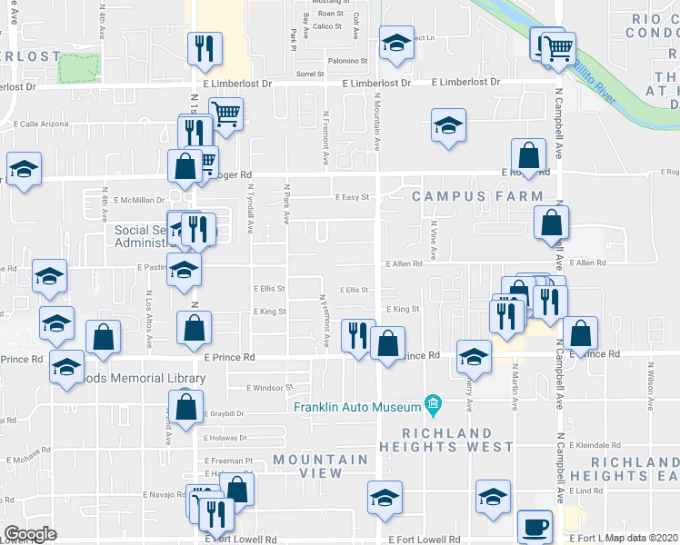 map of restaurants, bars, coffee shops, grocery stores, and more near 1250 East Allen Road in Tucson