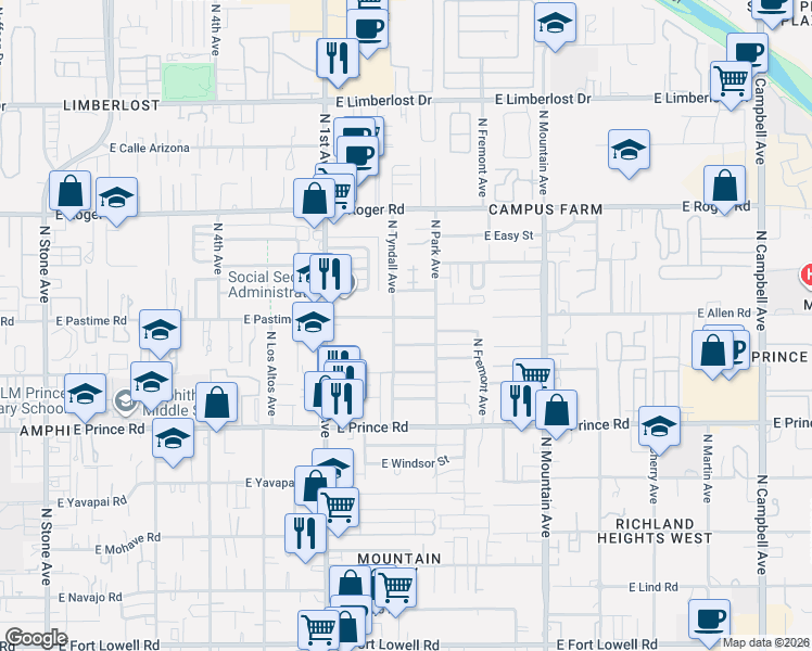 map of restaurants, bars, coffee shops, grocery stores, and more near 908 East Pastime Road in Tucson