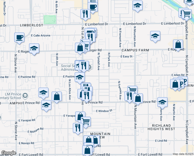 map of restaurants, bars, coffee shops, grocery stores, and more near 908 East Pastime Road in Tucson