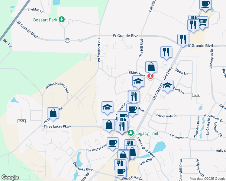 map of restaurants, bars, coffee shops, grocery stores, and more near 2278 Pinnacle Circle in Tyler
