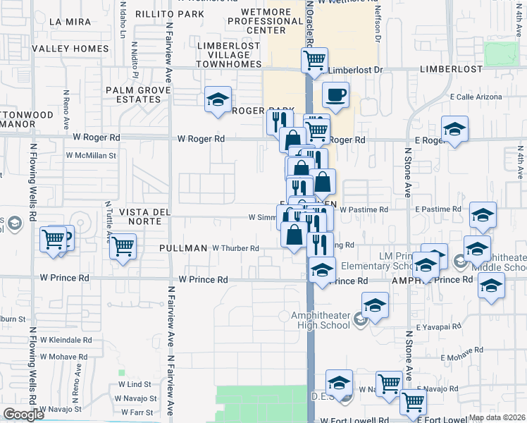 map of restaurants, bars, coffee shops, grocery stores, and more near 508 West Simmons Road in Tucson