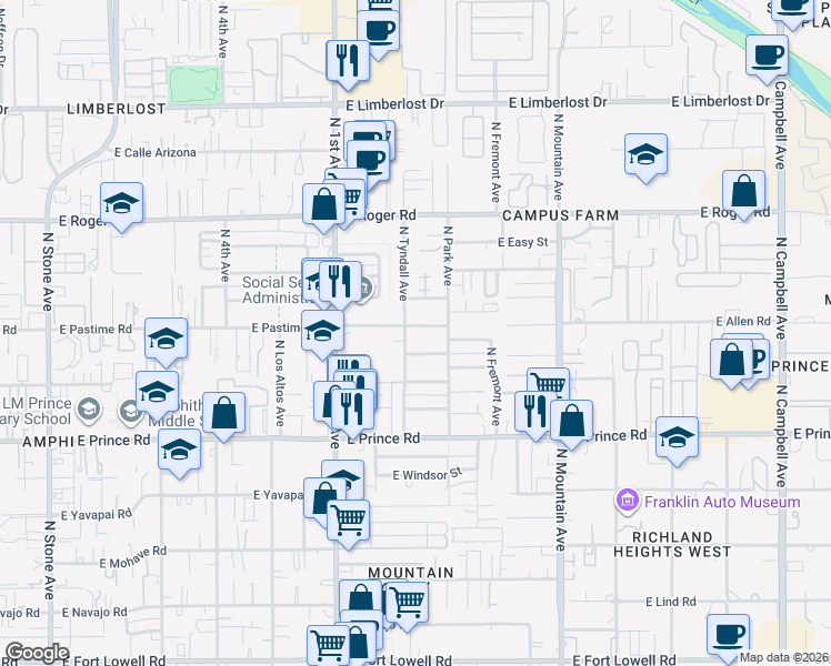map of restaurants, bars, coffee shops, grocery stores, and more near 908 East Pastime Road in Tucson