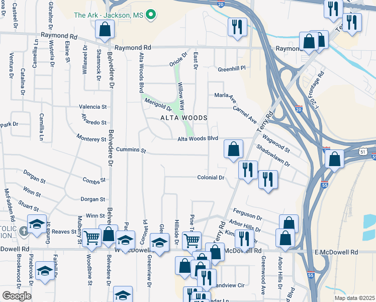 map of restaurants, bars, coffee shops, grocery stores, and more near 344 Cummins Street in Jackson