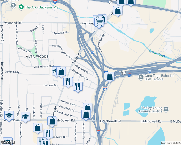 map of restaurants, bars, coffee shops, grocery stores, and more near 144 Wagwood Street in Jackson
