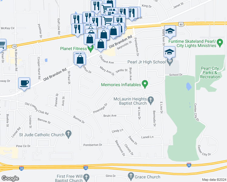 map of restaurants, bars, coffee shops, grocery stores, and more near 237 Patton Drive in Pearl