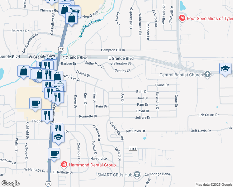 map of restaurants, bars, coffee shops, grocery stores, and more near 613 Beth Drive in Tyler