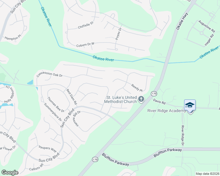 map of restaurants, bars, coffee shops, grocery stores, and more near 68 Spring Beauty Drive in Bluffton