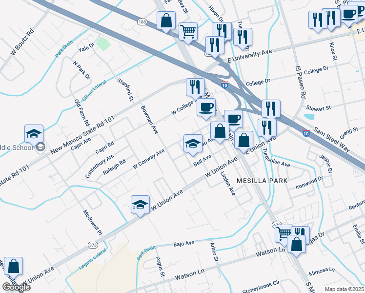 map of restaurants, bars, coffee shops, grocery stores, and more near 405 Orange Avenue in Las Cruces