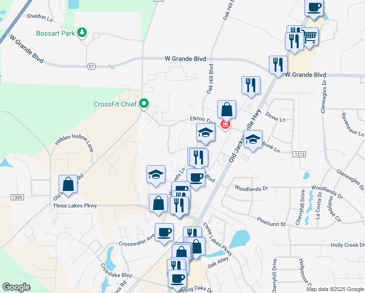 map of restaurants, bars, coffee shops, grocery stores, and more near 6686 Lacebark Circle in Tyler