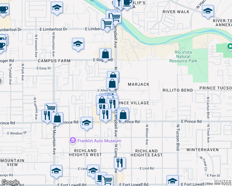 map of restaurants, bars, coffee shops, grocery stores, and more near 3765 North Campbell Avenue in Tucson