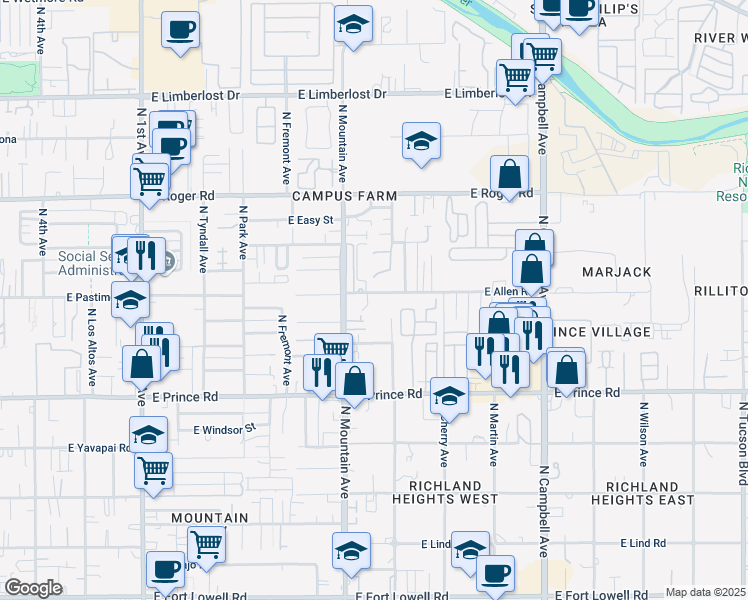 map of restaurants, bars, coffee shops, grocery stores, and more near 1414 East Allen Road in Tucson