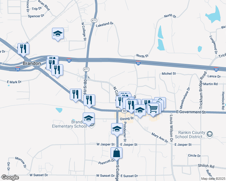 map of restaurants, bars, coffee shops, grocery stores, and more near 306 College Street in Brandon