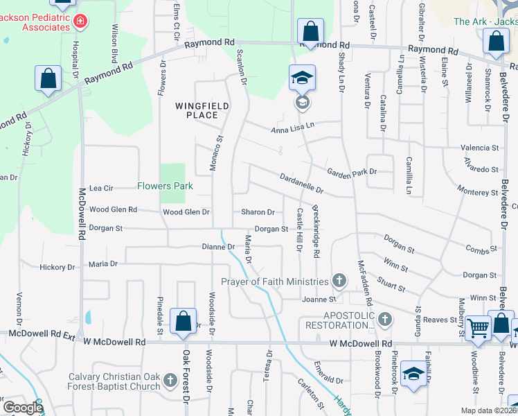 map of restaurants, bars, coffee shops, grocery stores, and more near 1362 Sharon Drive in Jackson