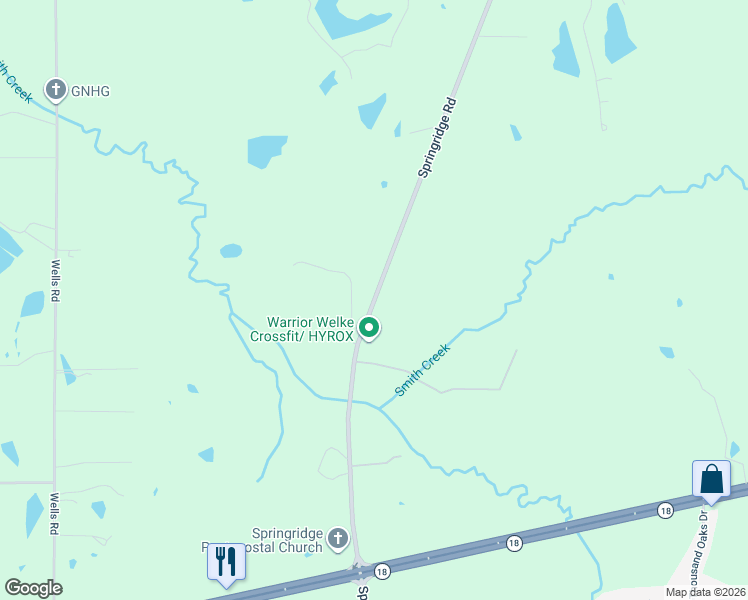 map of restaurants, bars, coffee shops, grocery stores, and more near 2801 Springridge Road in Raymond