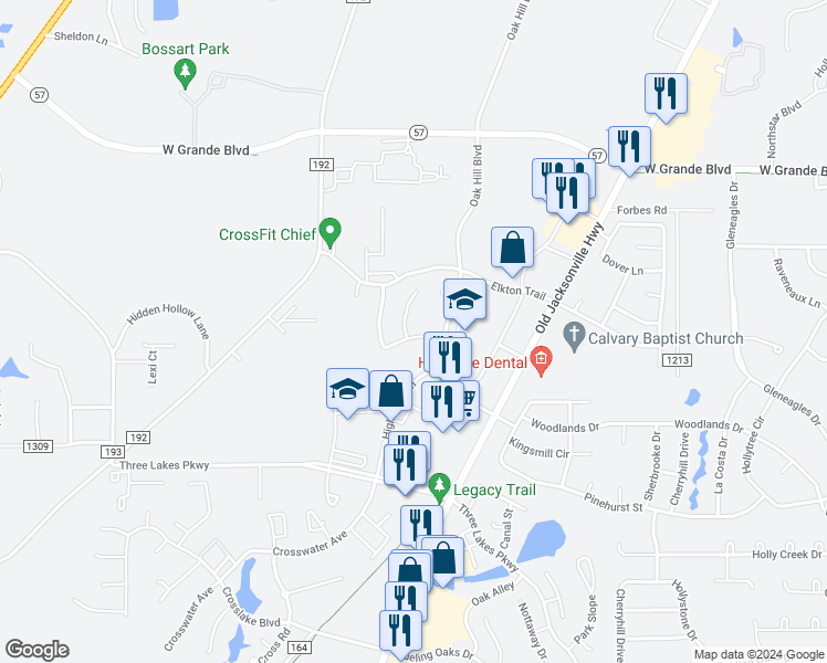 map of restaurants, bars, coffee shops, grocery stores, and more near 6686 Lacebark Circle in Tyler