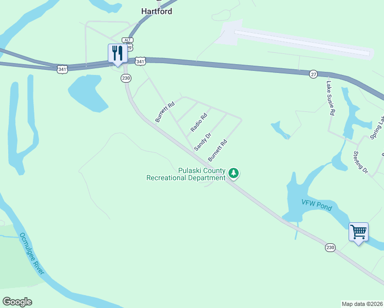 map of restaurants, bars, coffee shops, grocery stores, and more near State Highway 230 in Hawkinsville