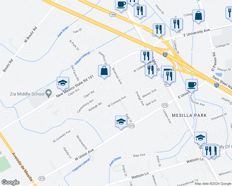 map of restaurants, bars, coffee shops, grocery stores, and more near 645 Ritter Road in Las Cruces