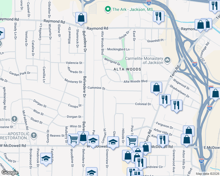 map of restaurants, bars, coffee shops, grocery stores, and more near 442 Cummins Street in Jackson