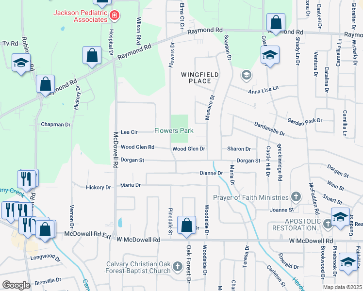map of restaurants, bars, coffee shops, grocery stores, and more near 1572 Wood Glen Dr in Jackson