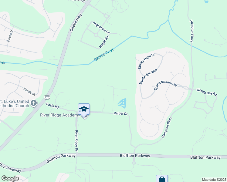 map of restaurants, bars, coffee shops, grocery stores, and more near 111 Davis Road in Bluffton