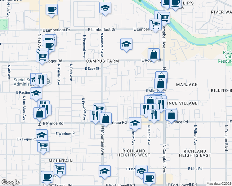 map of restaurants, bars, coffee shops, grocery stores, and more near 1414 East Allen Road in Tucson