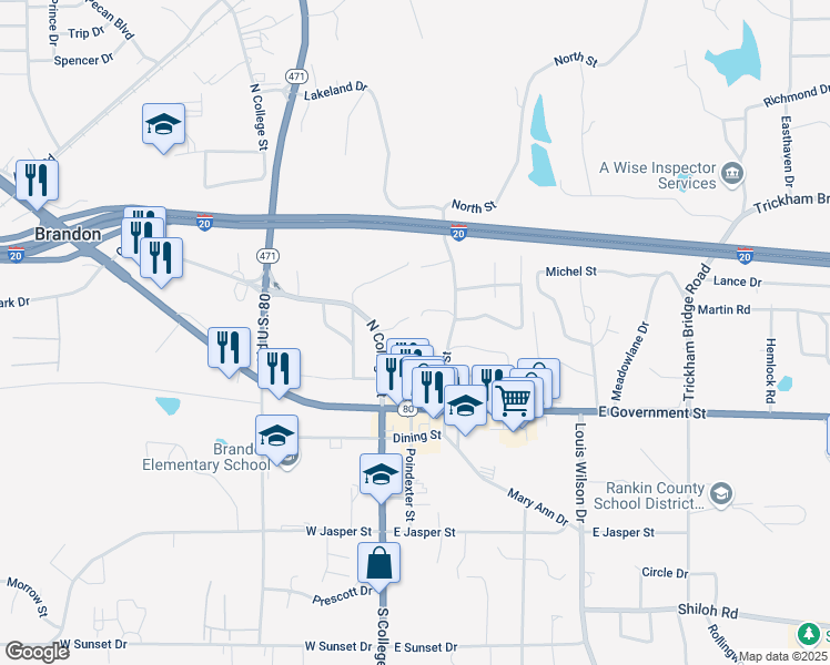 map of restaurants, bars, coffee shops, grocery stores, and more near 109 Worley Lane in Brandon