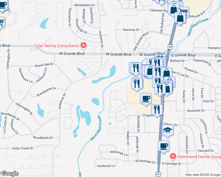 map of restaurants, bars, coffee shops, grocery stores, and more near 7023 Ridge Place Circle in Tyler