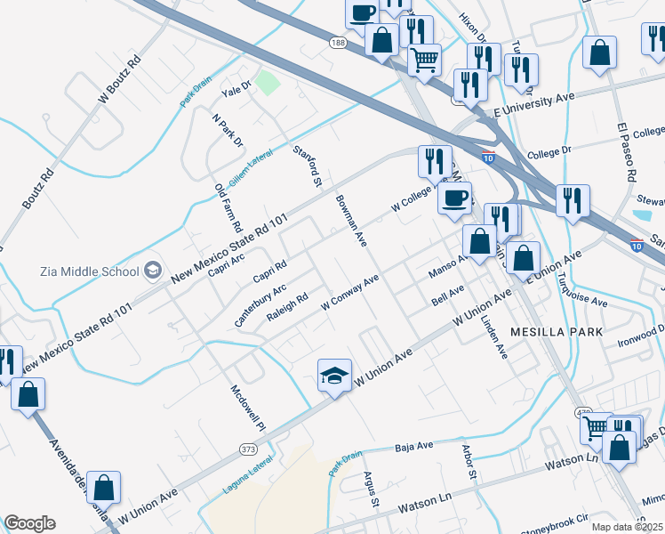 map of restaurants, bars, coffee shops, grocery stores, and more near 645 Ritter Road in Las Cruces