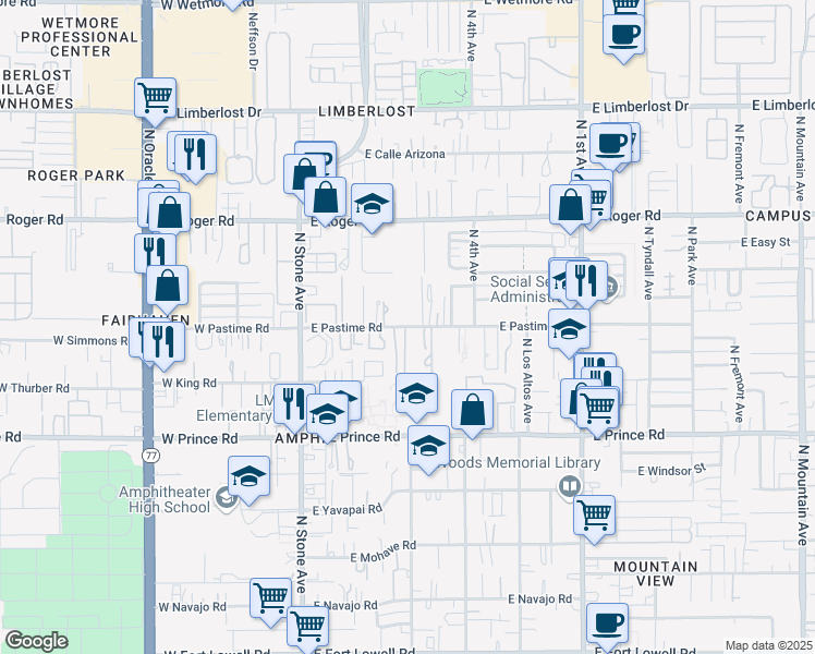 map of restaurants, bars, coffee shops, grocery stores, and more near 266 East Pastime Road in Tucson