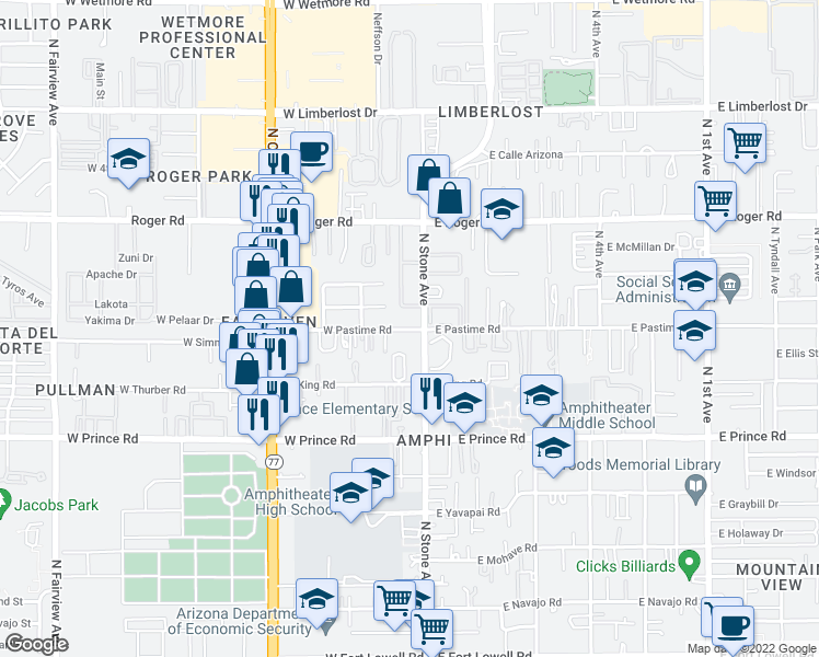 map of restaurants, bars, coffee shops, grocery stores, and more near 116w West Pastime Road in Tucson