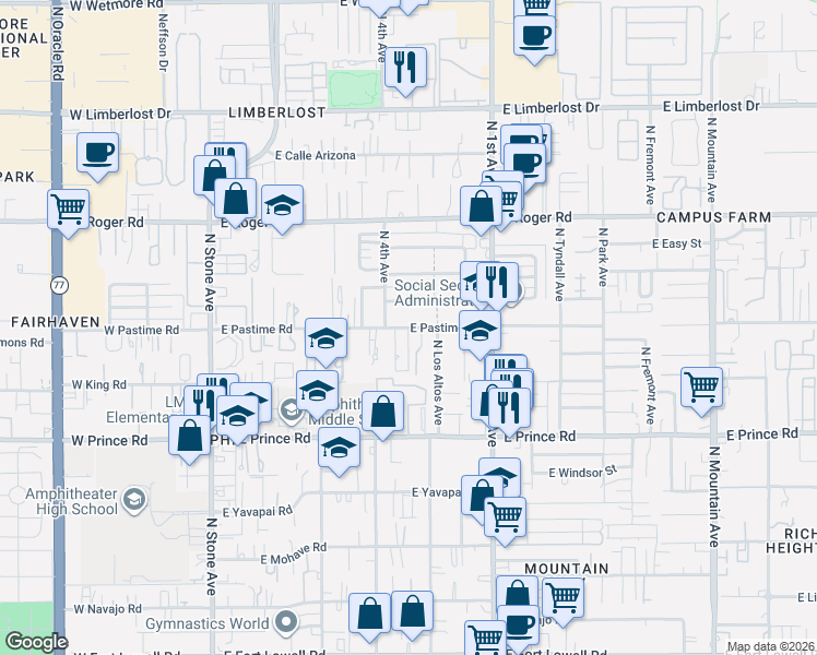map of restaurants, bars, coffee shops, grocery stores, and more near East Pastime Road in Tucson