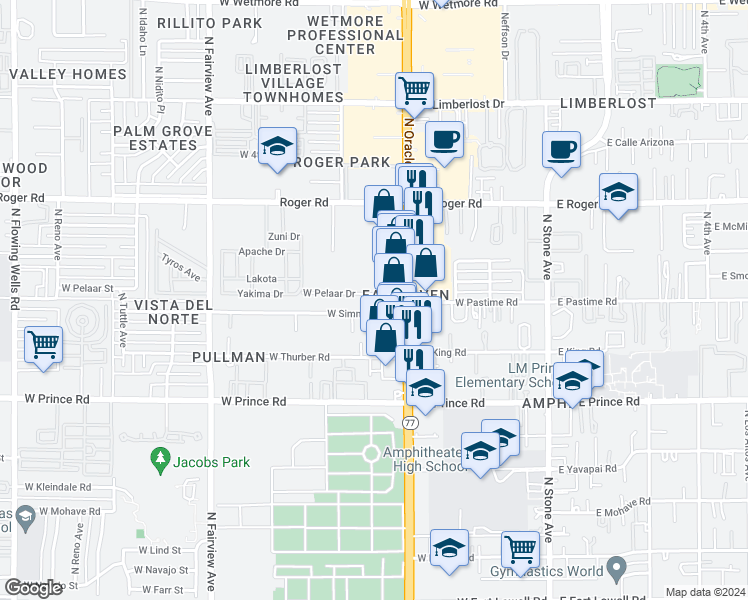 map of restaurants, bars, coffee shops, grocery stores, and more near 102 West Simmons Road in Tucson