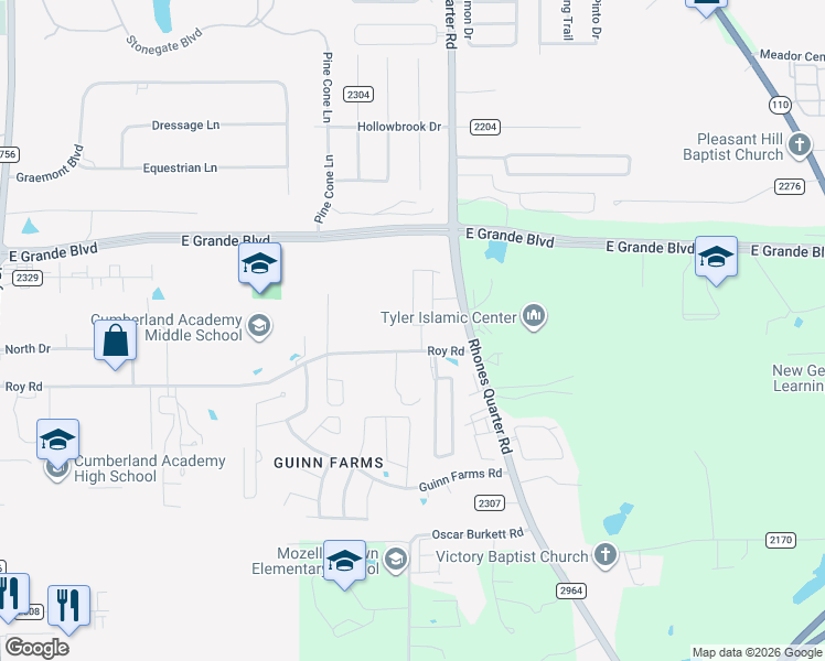 map of restaurants, bars, coffee shops, grocery stores, and more near 2816 Roy Road in Tyler