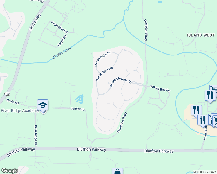 map of restaurants, bars, coffee shops, grocery stores, and more near 122 Spring Meadow Drive in Bluffton