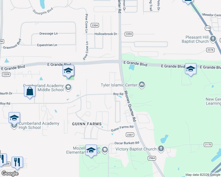 map of restaurants, bars, coffee shops, grocery stores, and more near 2816 Roy Road in Tyler