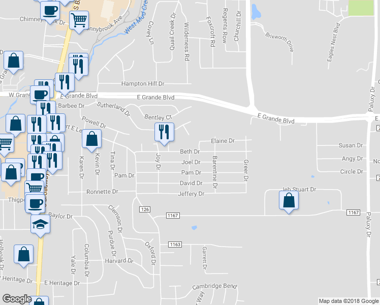 map of restaurants, bars, coffee shops, grocery stores, and more near 801 Rollins Drive in Tyler