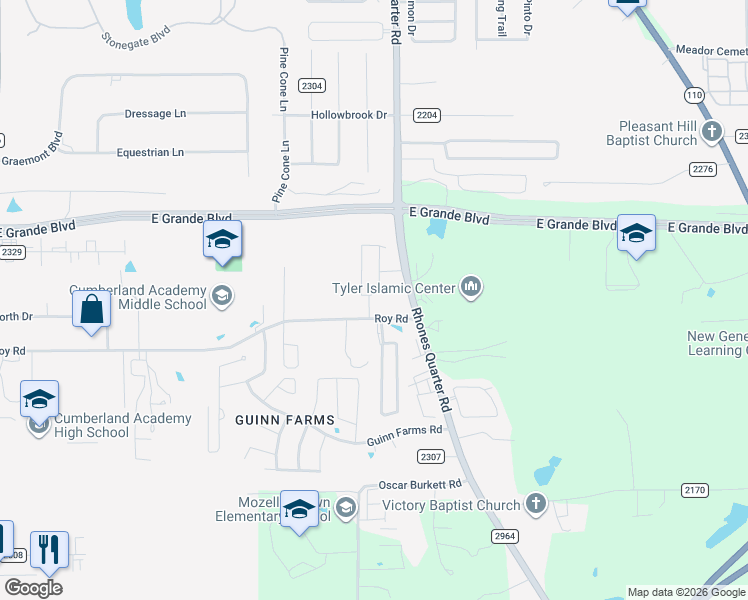 map of restaurants, bars, coffee shops, grocery stores, and more near 3561-7441 Roy Road in Tyler