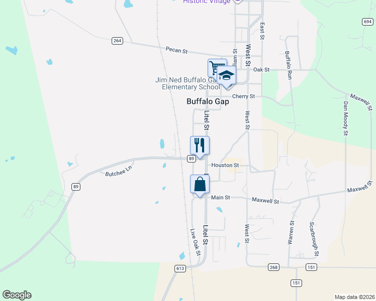 map of restaurants, bars, coffee shops, grocery stores, and more near 1010 Live Oak Street in Buffalo Gap
