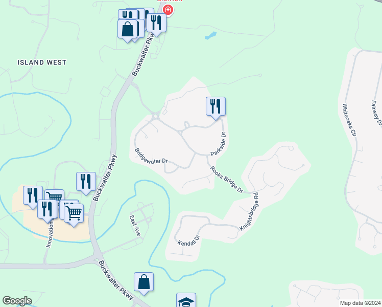 map of restaurants, bars, coffee shops, grocery stores, and more near 32 Parkside Drive in Bluffton