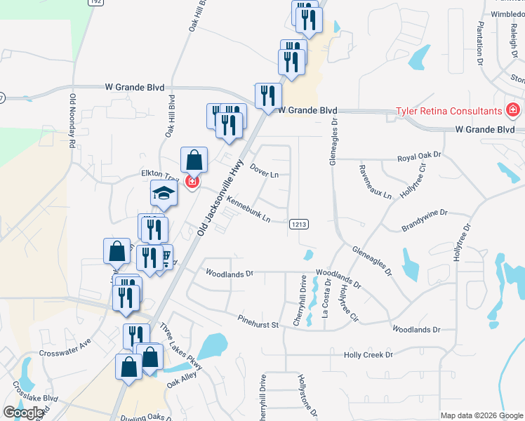 map of restaurants, bars, coffee shops, grocery stores, and more near 2127 Kennebunk Lane in Tyler