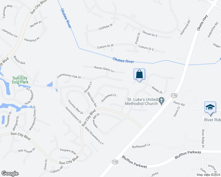 map of restaurants, bars, coffee shops, grocery stores, and more near 40 Spring Beauty Drive in Bluffton