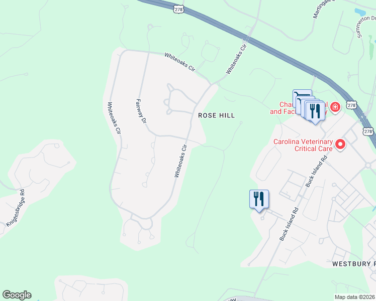 map of restaurants, bars, coffee shops, grocery stores, and more near 39 Whiteoaks Circle in Bluffton