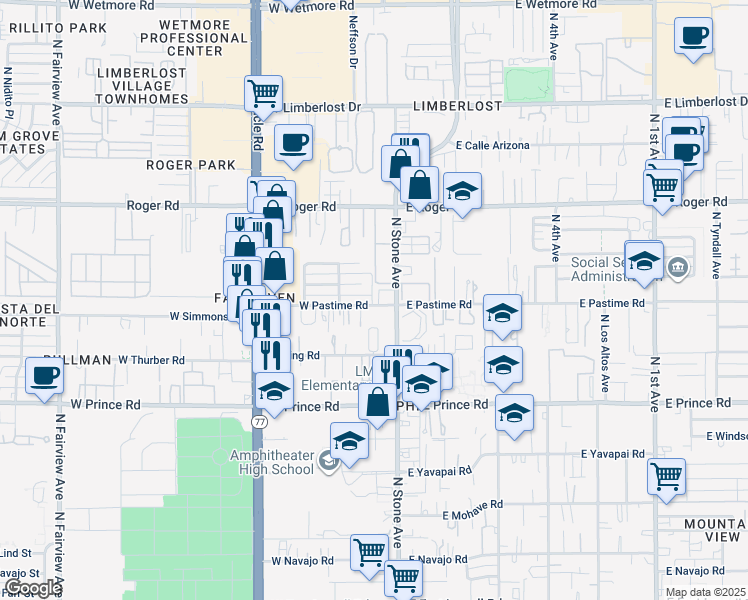 map of restaurants, bars, coffee shops, grocery stores, and more near 116w West Pastime Road in Tucson